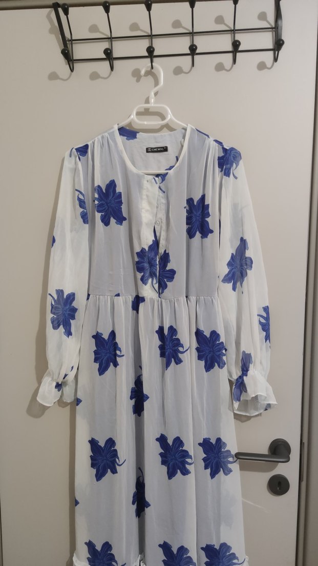 Mavi Çiçekli Uzun Bohem Elbise - Görsel 2