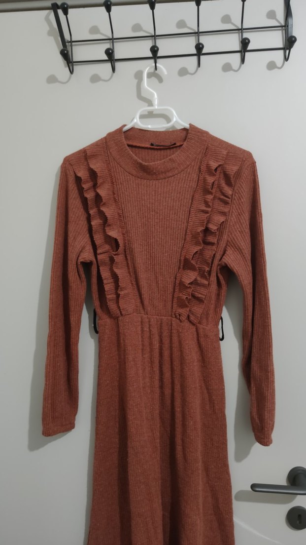 Kahverengi Uzun Kollu Triko Elbise - Görsel 2