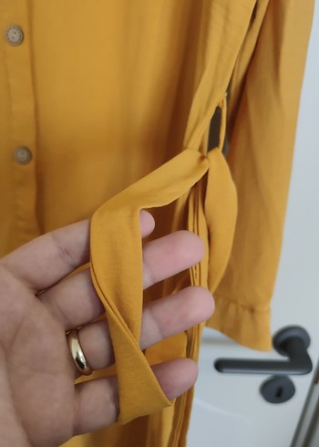 xxl Beden sarı Renk Düğmeli Sarı Uzun Keten Elbise