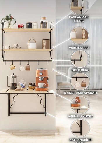Duvara Monte Ahşap Raflı ve Askılı Mutfak Ünitesi - Görsel 3