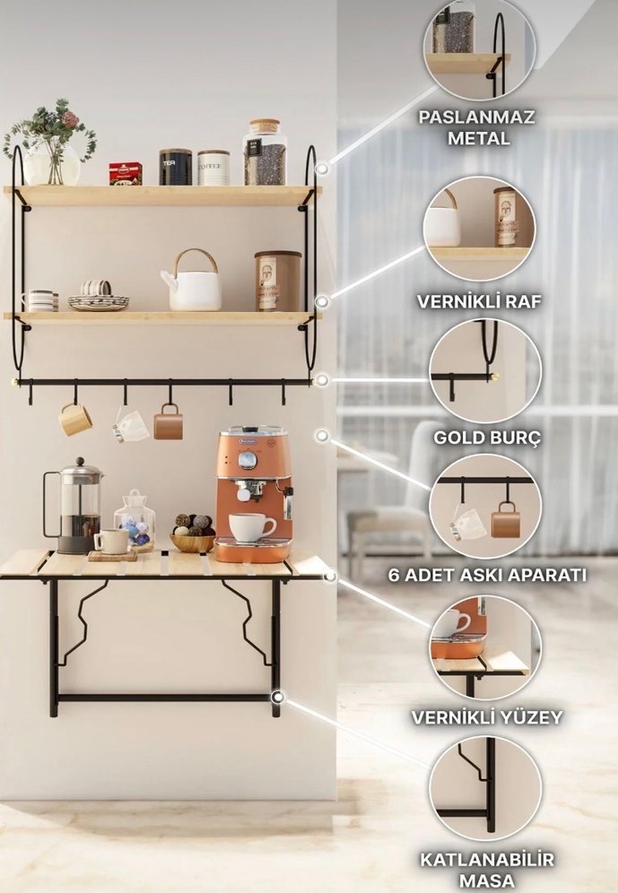 Duvara Monte Ahşap Raflı ve Askılı Mutfak Ünitesi - Görsel 3
