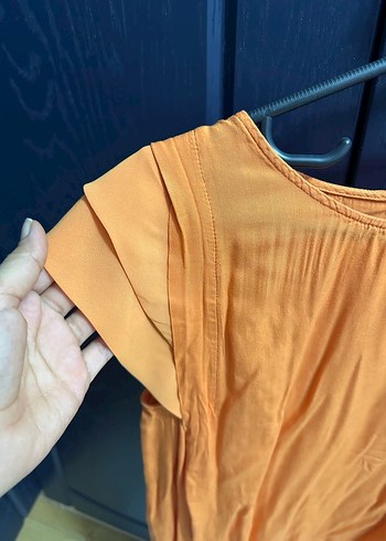 Kısa Kollu Turuncu Keten Bluz - Görsel 2