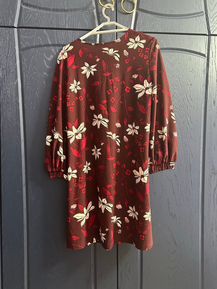 Bordo Çiçek Desenli  Midi Elbise - Görsel 4