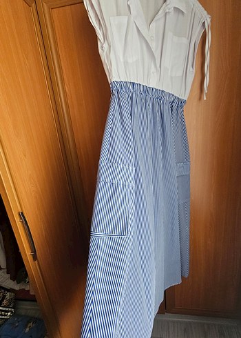 Pamuklu Beyaz mavi çizgili elbise - Görsel 4