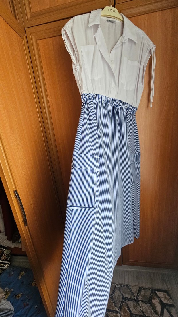 Pamuklu Beyaz mavi çizgili elbise - Görsel 4