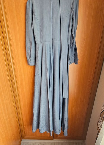 Uzun Kollu Mavi ince kot Elbise - Görsel 2