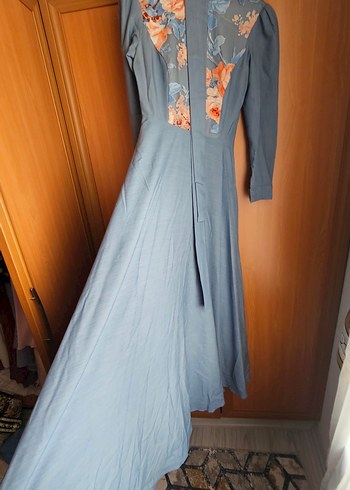 Uzun Kollu Mavi ince kot Elbise - Görsel 3