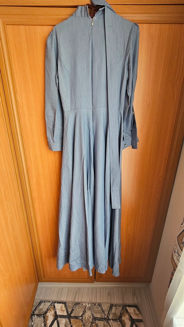 Uzun Kollu Mavi ince kot Elbise - Görsel 2