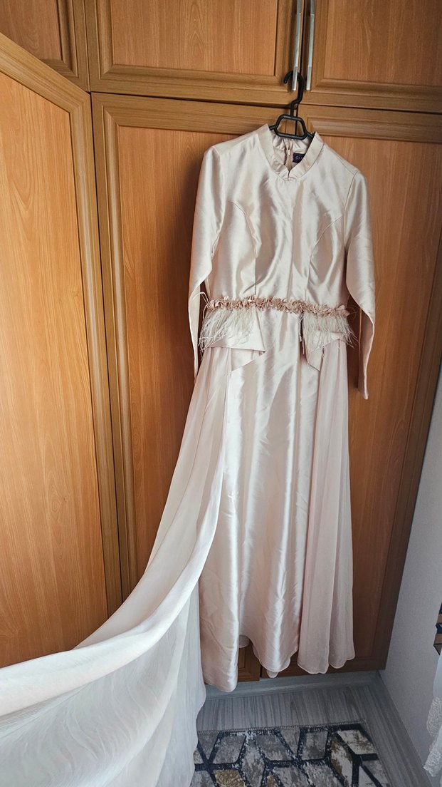 Uzun somon renk Klasik Düğün Elbisesi - Görsel 3