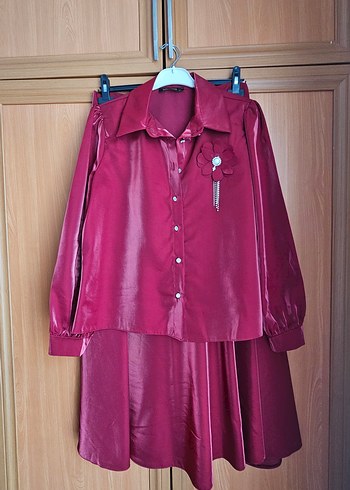 Bordo Uzun Kollu Saten Kadın Gömlek,etek takım - Görsel 4