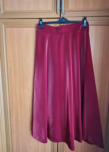 Bordo Uzun Kollu Saten Kadın Gömlek,etek takım - Görsel 2