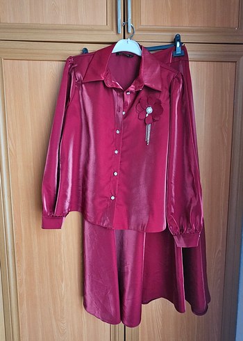 Bordo Uzun Kollu Saten Kadın Gömlek,etek takım - Görsel 3