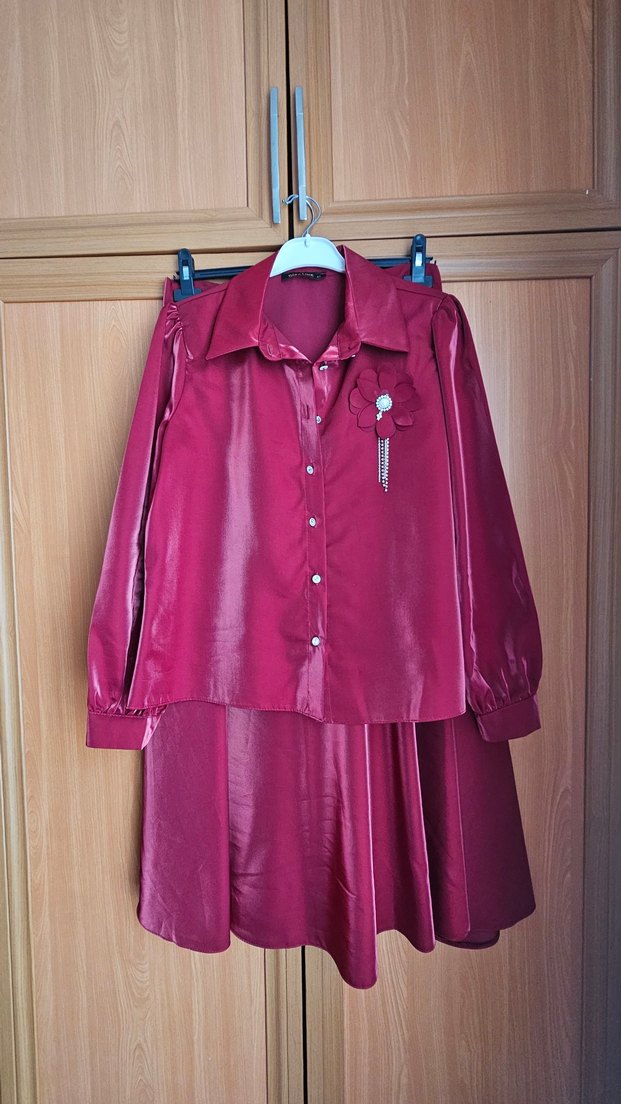 Bordo Uzun Kollu Saten Kadın Gömlek,etek takım - Görsel 4