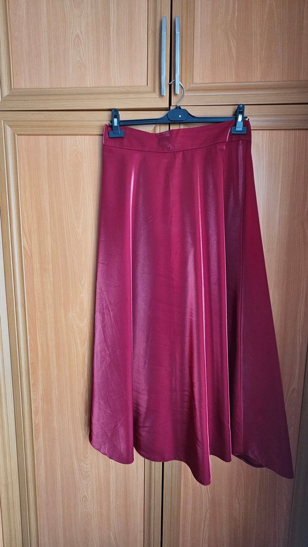 Bordo Uzun Kollu Saten Kadın Gömlek,etek takım - Görsel 2