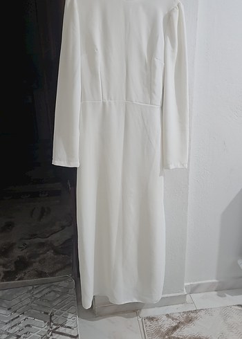 Ekru Uzun Kollu Drapeli Kadın Elbise - Görsel 2