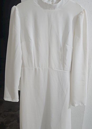 Ekru Uzun Kollu Drapeli Kadın Elbise - Görsel 4