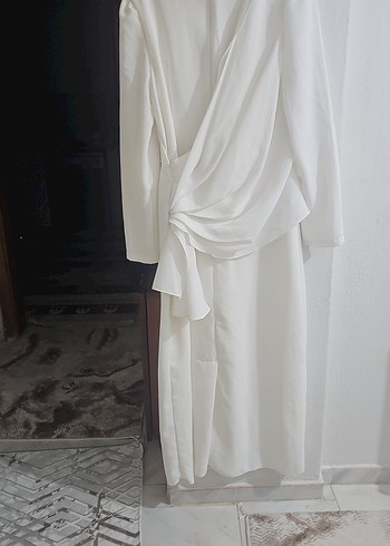 Ekru Uzun Kollu Drapeli Kadın Elbise - Görsel 3