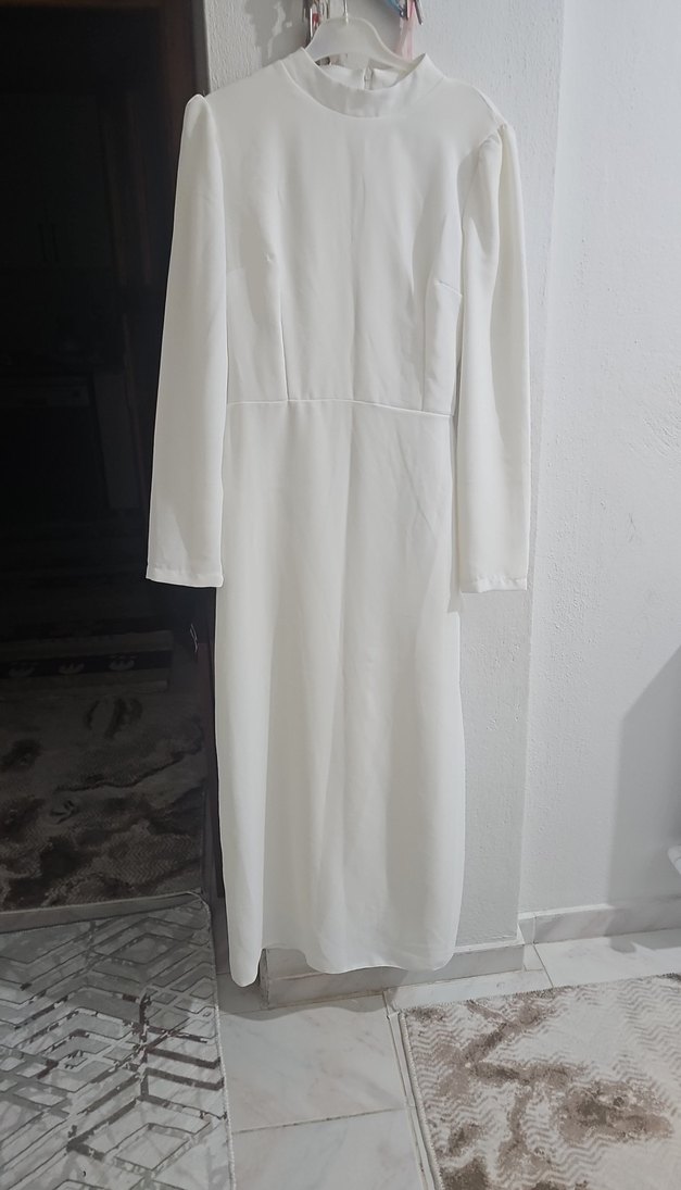 Ekru Uzun Kollu Drapeli Kadın Elbise - Görsel 2