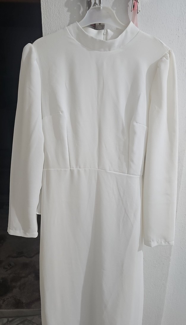 Ekru Uzun Kollu Drapeli Kadın Elbise - Görsel 4