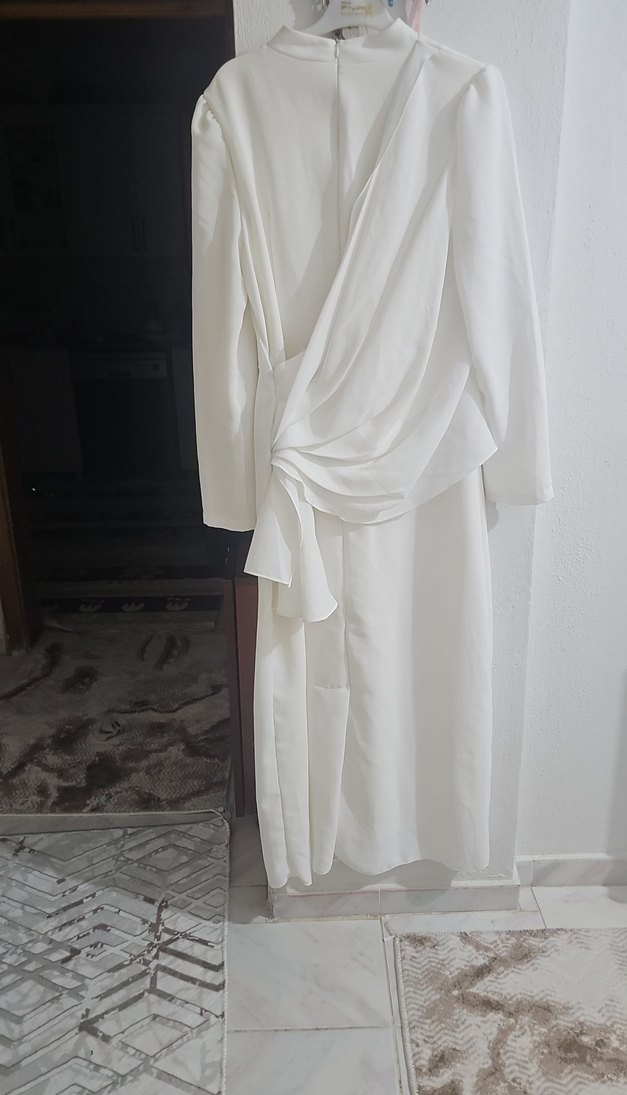 Ekru Uzun Kollu Drapeli Kadın Elbise - Görsel 3