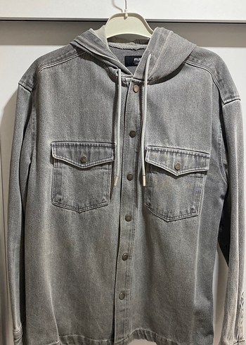 Gri Kadın Denim Ceket, Düğmeli, Salaş Kesim