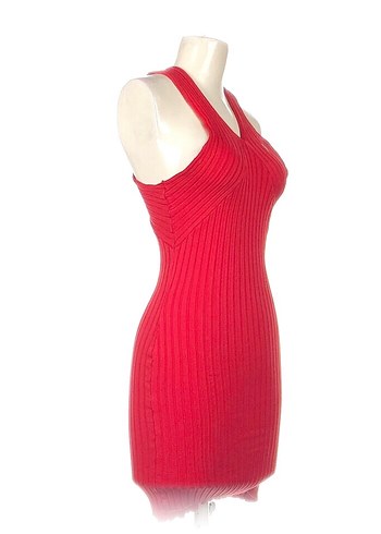 Kırmızı V Yakalı Triko Mini Elbise - Görsel 2