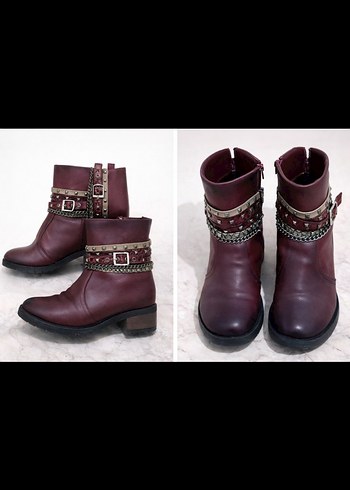 Bordo Zincir Detaylı Kadın Topuklu Bot - Görsel 2
