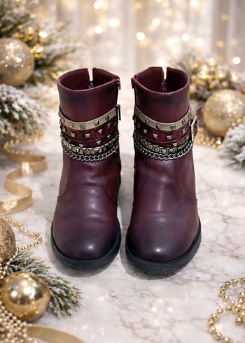 Bordo Zincir Detaylı Kadın Topuklu Bot - Görsel 3