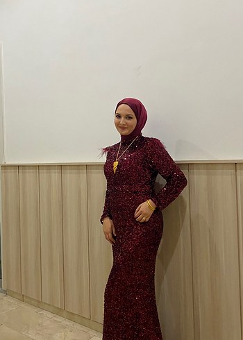 Bordo Uzun Kollu Drapeli Abiye Elbise