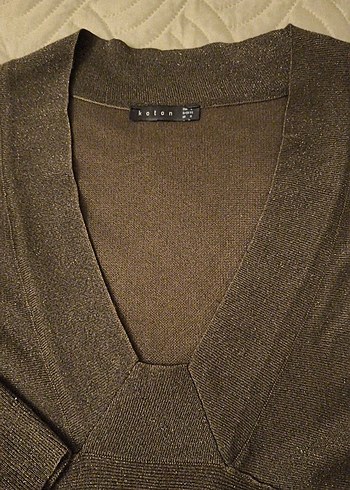 simli kahve V Yaka Kemerli Midi Elbise - Görsel 2