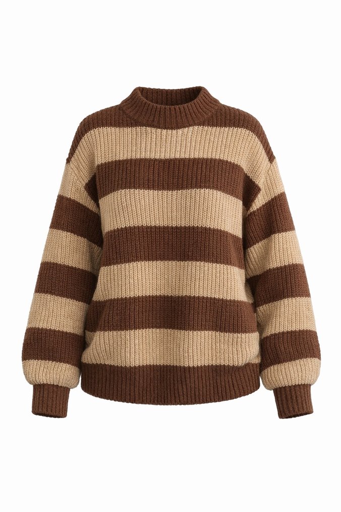 Kadın Kahverengi Çizgili Oversize Triko Kazak - Görsel 2