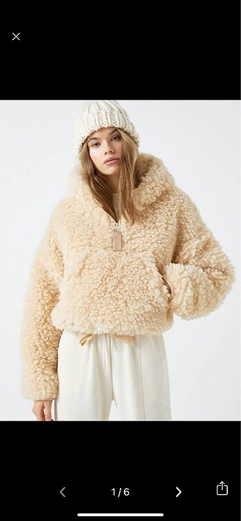 Pull and bear peluş krem rengi peluş kanguru mont