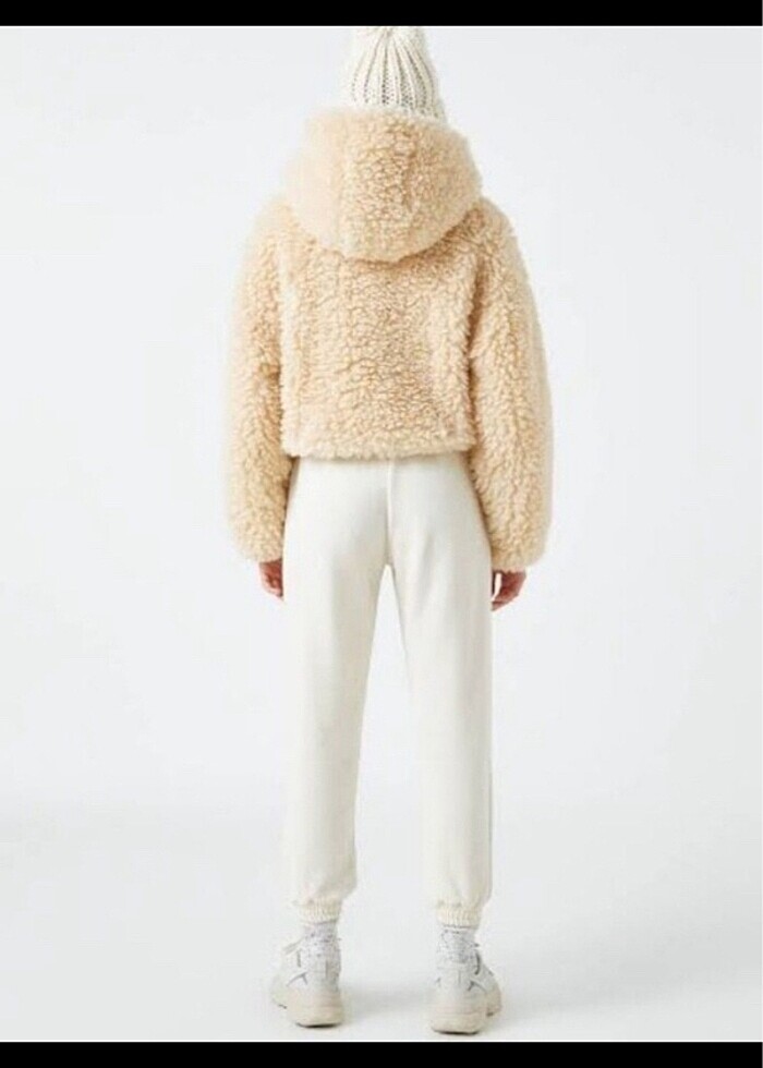 Pull and bear peluş krem rengi peluş kanguru mont - Görsel 2
