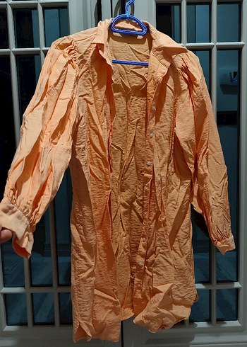 Bej Uzun Kollu Keten Kadın Gömlek - Görsel 2