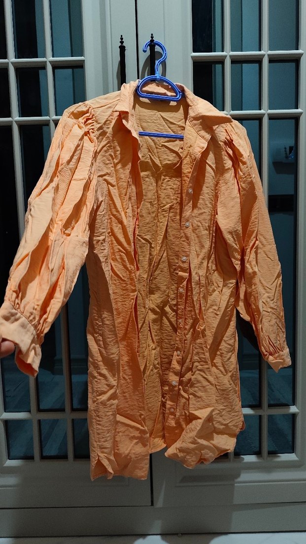 Bej Uzun Kollu Keten Kadın Gömlek - Görsel 2