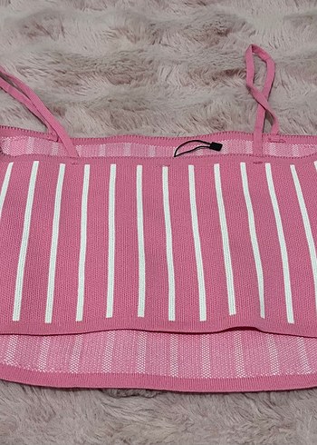 Çizgili Triko Mini Crop Top - Görsel 2