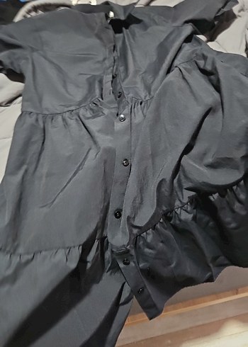 Düğmeli Siyah Keten Midi Elbise - Görsel 3