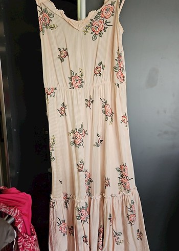 Pembe Nakışlı Bohem Uzun Elbise