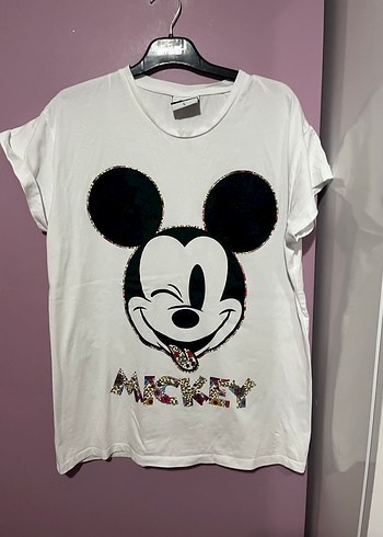 Mickey Baskılı Beyaz Kadın Tişört