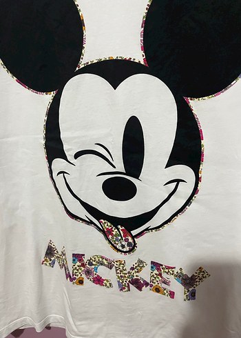 xl Beden Mickey Baskılı Beyaz Kadın Tişört