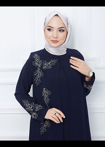 Lacivert Uzun Kol Nakışlı abiye takım - Görsel 2