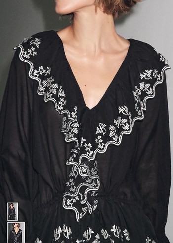 Nakışlı Fırfırlı Siyah V Yaka Uzun Kollu Bluz - Görsel 2