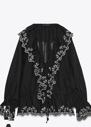 Nakışlı Fırfırlı Siyah V Yaka Uzun Kollu Bluz - Görsel 4