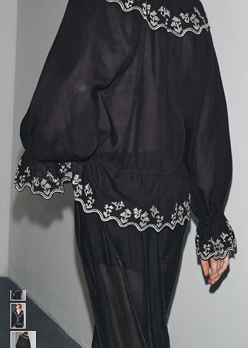 Nakışlı Fırfırlı Siyah V Yaka Uzun Kollu Bluz - Görsel 3