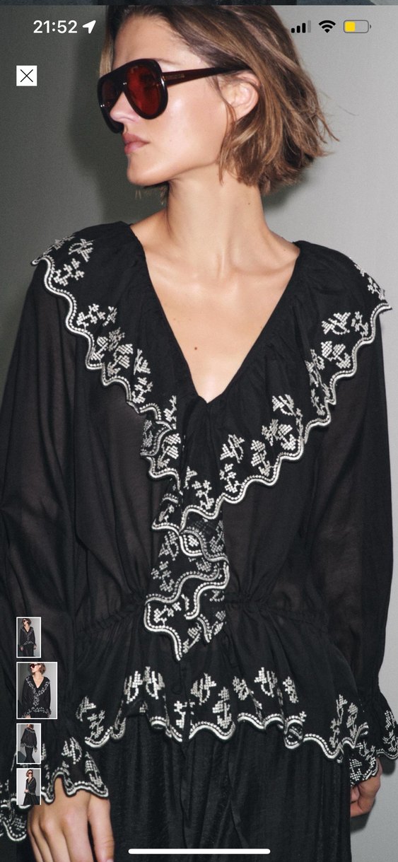 Nakışlı Fırfırlı Siyah V Yaka Uzun Kollu Bluz - Görsel 2