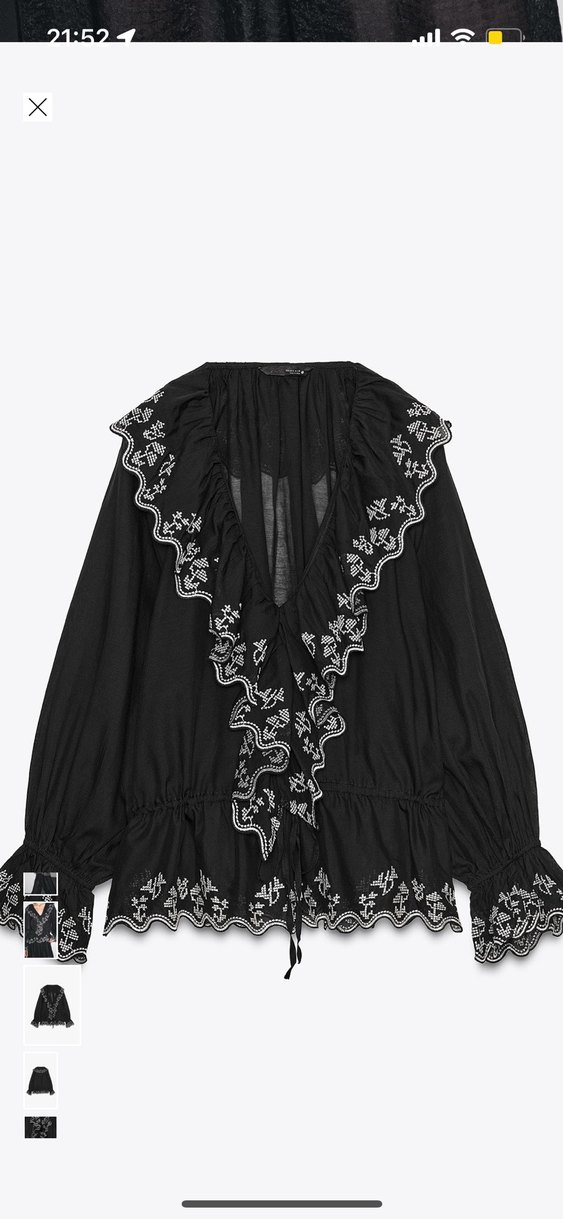 Nakışlı Fırfırlı Siyah V Yaka Uzun Kollu Bluz - Görsel 4