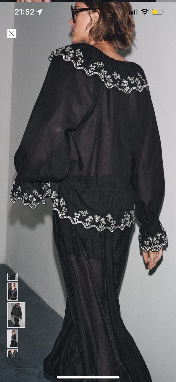 Nakışlı Fırfırlı Siyah V Yaka Uzun Kollu Bluz - Görsel 3