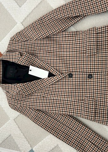 Düğmeli Kahverengi Ekose Kadın Blazer Ceket - Görsel 5