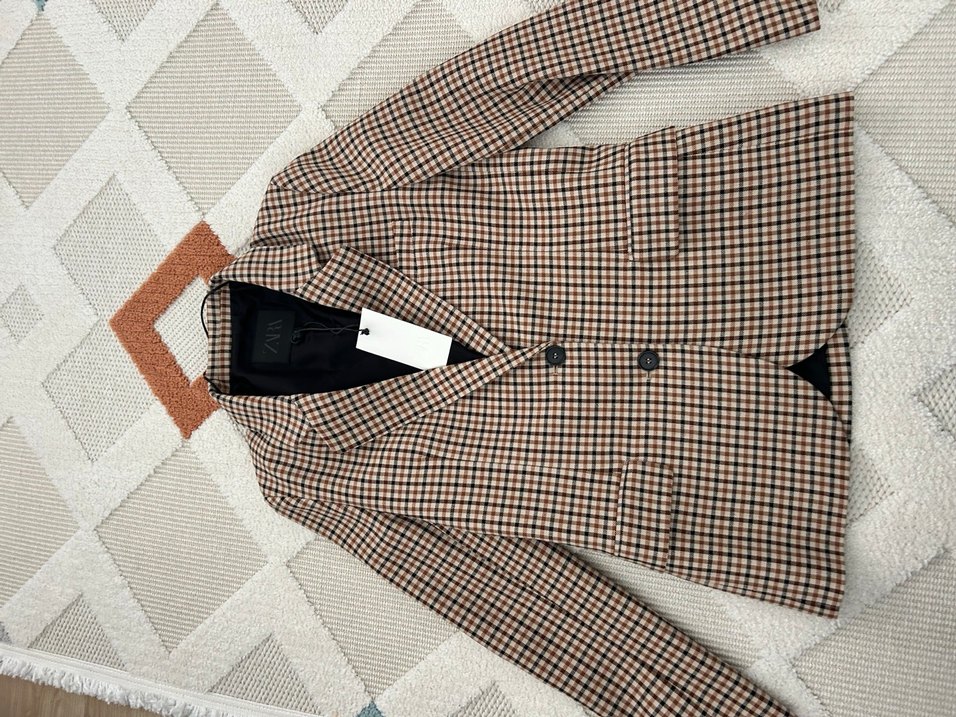 Düğmeli Kahverengi Ekose Kadın Blazer Ceket - Görsel 5