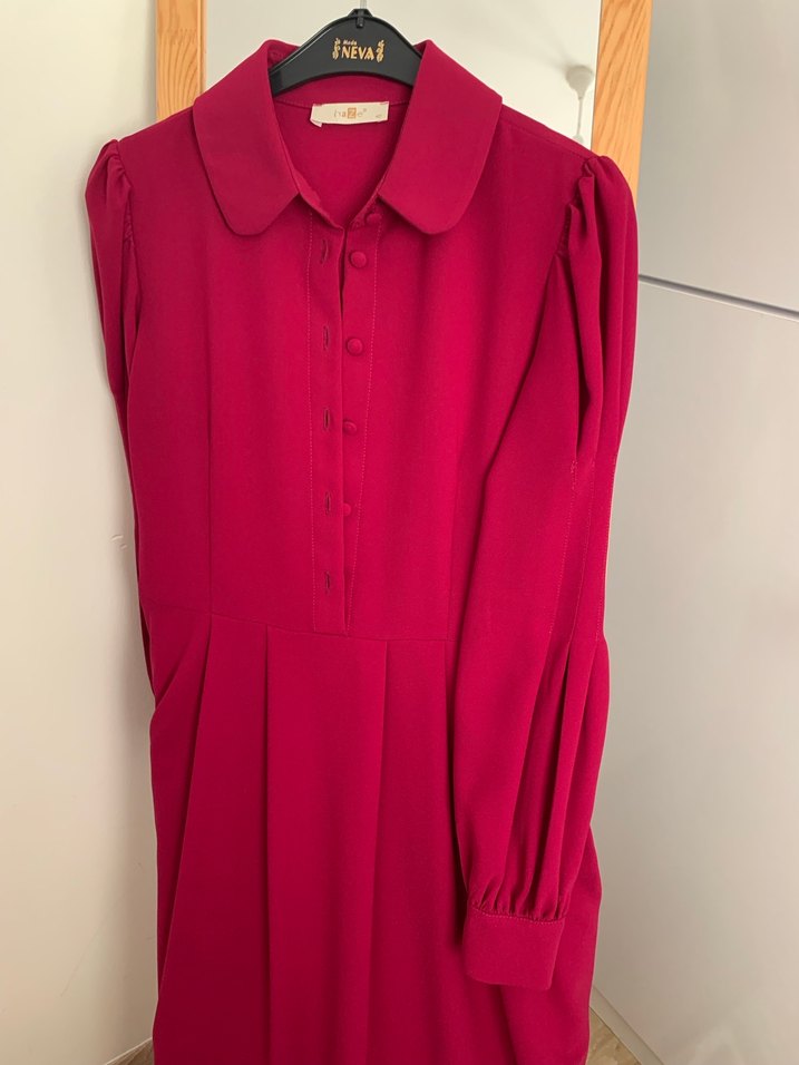 Bordo Uzun Kollu Düğmeli Uzun Elbise - Görsel 3